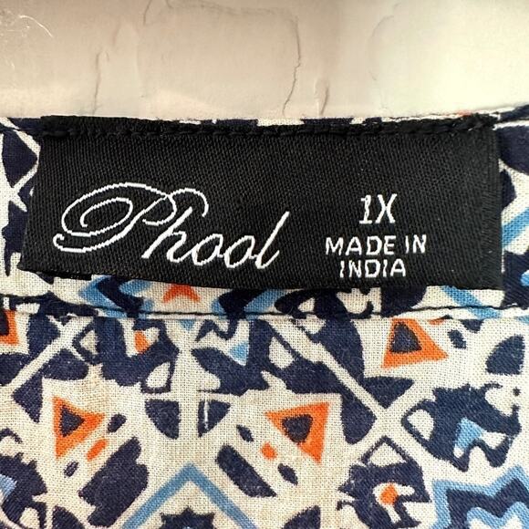 PHOOL | Plus Size Boho Blue Orange Geometric Print Midi Dress | Size 1X - Picture 5 of 5